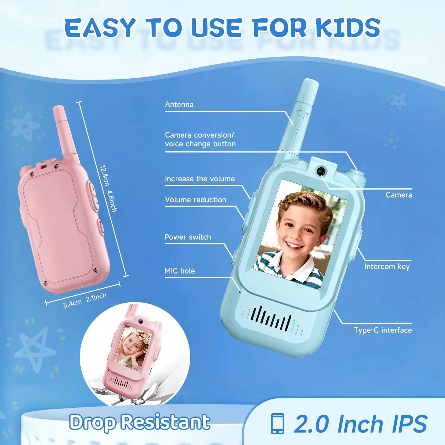 Video Walkie Talkies for Kids 2 Pack Rechargeable Intercom Walkie-Talkie 2 Screen One-Click Call Child Video Intercom